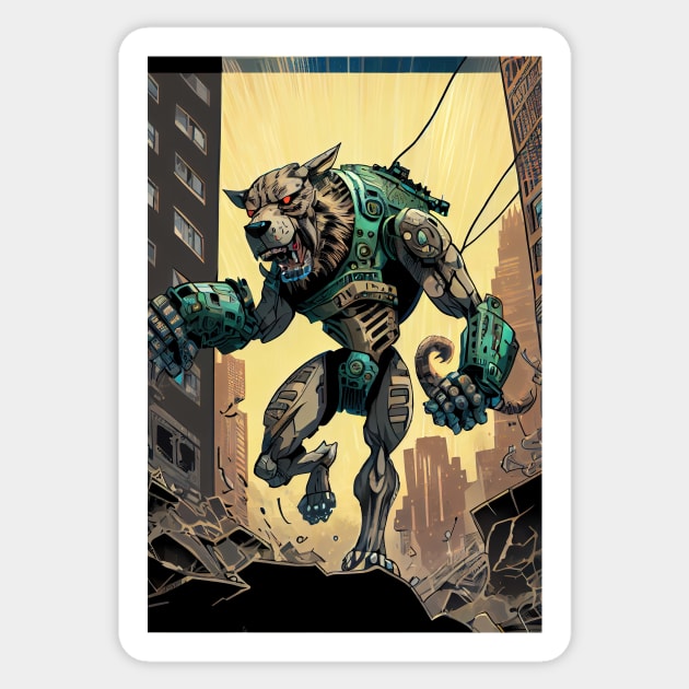 Giant futuristic robot cyborg dog attacking the city Sticker by KoolArtDistrict